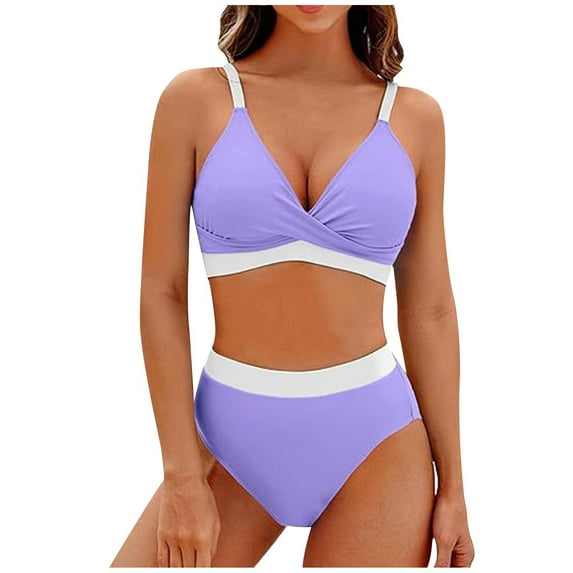 UTSJKR Women's High Waisted Bikini Sets V Neck Two Piece Swimsuit Color Block Twist Front Tummy Control Bathing Suits Purple XXL