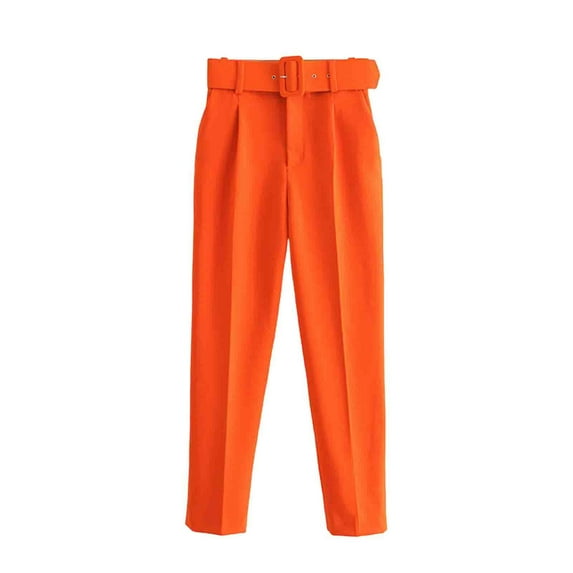 UTSJKR Women's High Waisted Straight Business Pants with Belt Elegant Work Wear Loose Solid Color Wide Leg Long Trousers Red XS