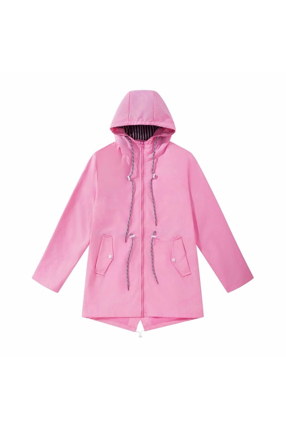 Women's Hooded Raincoat Windproof Jacket Lightweight Anorak Outdoor Long Sleeve Trench Coat Pink XXXL