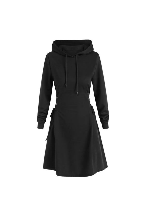 Women's Hoodie Dress Drawstring Long Sleeve Side Lace Up Bodycon Tunic Sweatshirt Dress Classic Solid Slim Fit Pullover Mini Dress Black XL