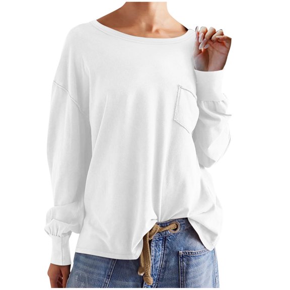 UTSJKR Women's Irregular Tops with Pockets Casual Loose Fit Flowy Basic Pullover Shirts Drop Shoulder Long Sleeve Tunic Tops 2024 Fashion Elegant Solid Crew Neck Blouses White XXL