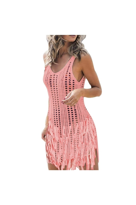 Women's Knit Crochet Swimsuits Sun-Protecting Cover-Ups Solid Sleeveless Vneck Beach Dresses Slit Side Wrap Bathing Suits 2025 Pink 14