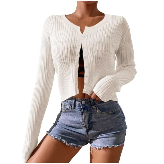 UTSJKR Women's Knit Sweater Cardigans 2024 Fall Winter Fashion Long Sleeve Button Up Cropped Sweater Tops Elegant Solid Soft Cozy Jacket Beige L