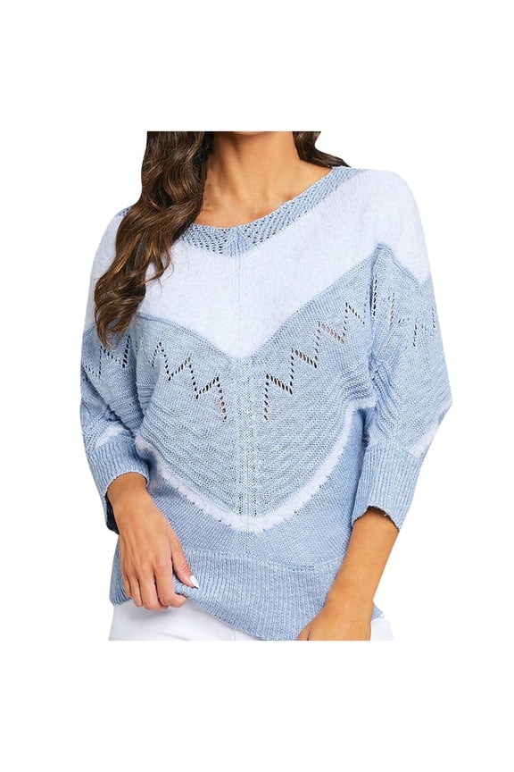 Women's Knit Sweaters 2024 Fashion Clothing Casual Print Crew Neck Pullover Tops Loose Fit Oversized Lightweight Hollowed Knitwear Fall Winter Long Sleeve Sweaters Blue S