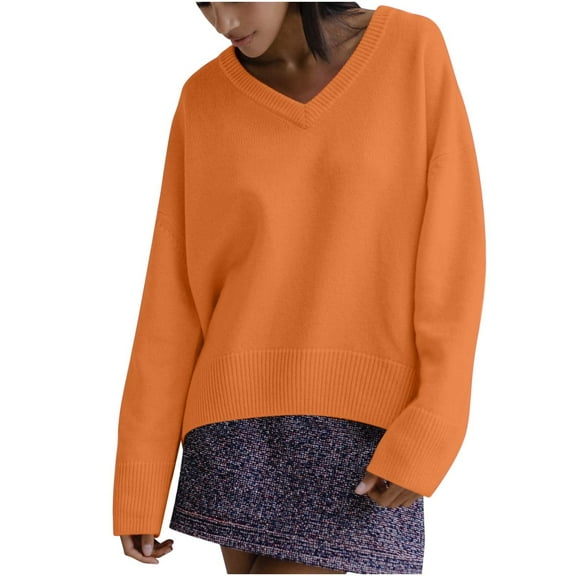 UTSJKR Women's Knit Sweaters Classic Solid V Neck Tunic Pullover Tops Casual Loose Fit Cozy Jumper Knitwear Long Sleeve Fall Sweaters 2024 Fashion Clothing Yellow L