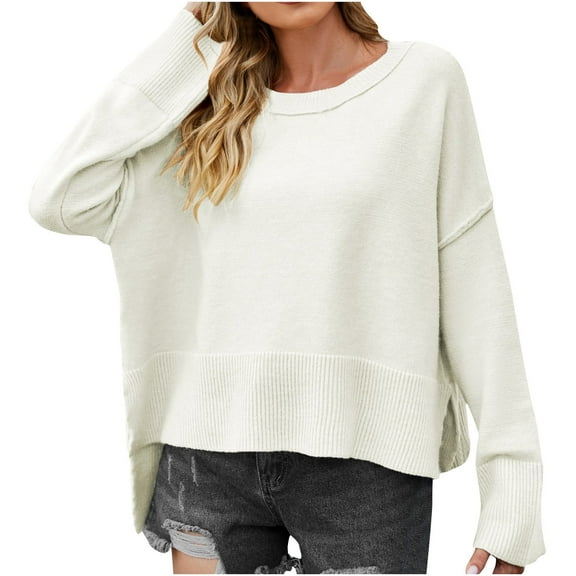UTSJKR Women's Knit Sweaters Fall Winter Basic Loose Fit Side Split Pullover Sweaters Tops Lantern Sleeve Long Sleeve Tunic Tops 2024 Fashion Classic Solid Crew Neck Sweaters Beige XL