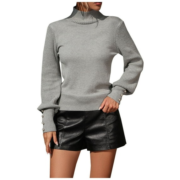 UTSJKR Women's Knit Sweaters Pearls Long Sleeve Fall Sweaters 2024 Fashion Clothing Classic Solid Turtle Neck Pullover Tops Casual Slim Fit Going Out Jumper Shirts Gray M