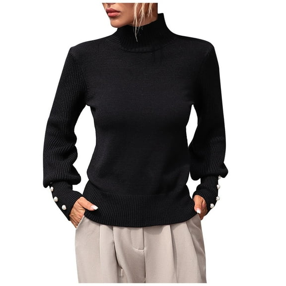 UTSJKR Women's Knit Sweaters Pearls Long Sleeve Fall Sweaters 2024 Fashion Clothing Classic Solid Turtle Neck Pullover Tops Casual Slim Fit Going Out Jumper Shirts Black XL
