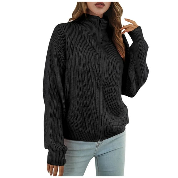 UTSJKR Women's Knitted Cardigan Sweater Long Sleeve Zipper Up Pullover Sweater Jackets 2024 Fashion Loose Fit Warm Coat Black M