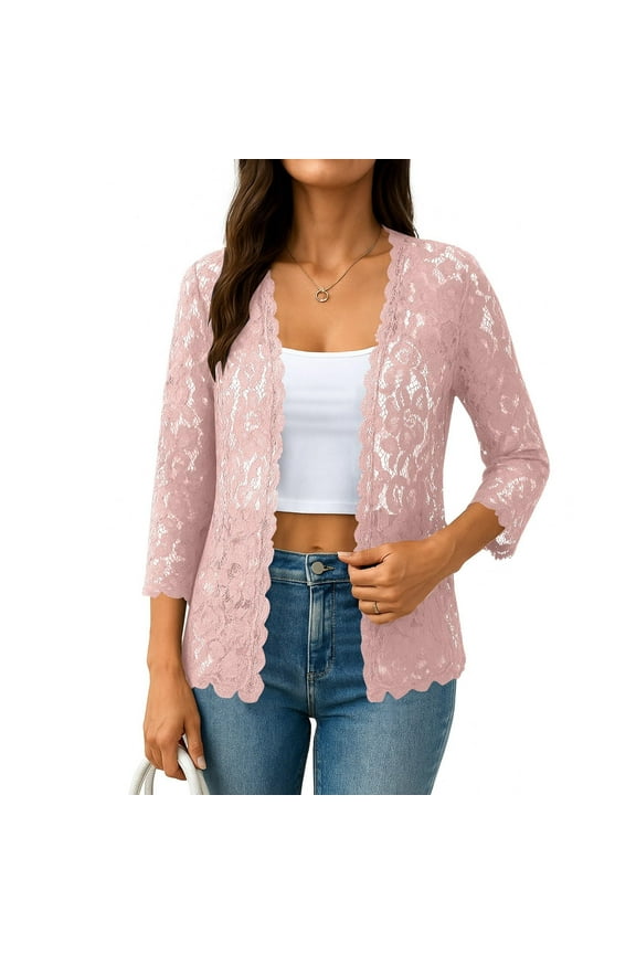 Women's Lace Cardigan 3/4 Sleeve Open Front Crochet Sheer Shrugs Floral Hollow Dressy Casual Plus Size Coverups Pink M