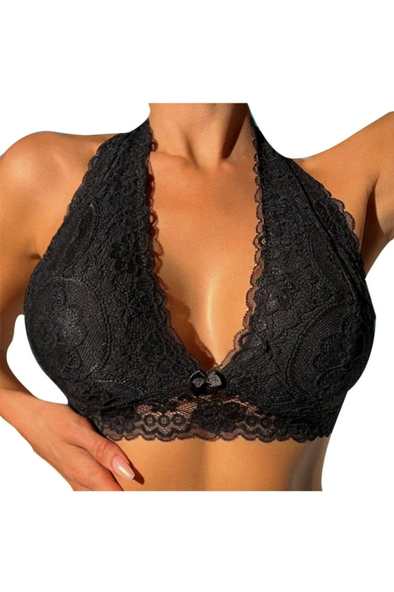 Women's Lace Halter Bra Lingerie Adjustable Strapless V Neck Crop Top Bras for Women Everyday Bras Comfortable Breathable Underwear Black XL