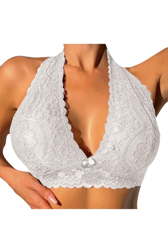 Women's Lace Halter Bra Lingerie Adjustable Strapless V Neck Crop Top Bras for Women Everyday Bras Comfortable Breathable Underwear White M