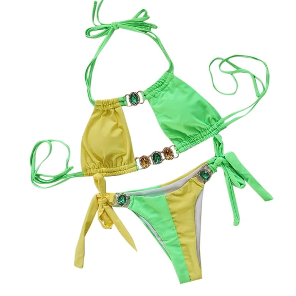 UTSJKR Women's Lace-up Glitter Rhinestone Swimsuit Sparkly Jeweled Color Block Bathing Suit Halter Shiny Crystal Bikini Sets Yellow 6-8