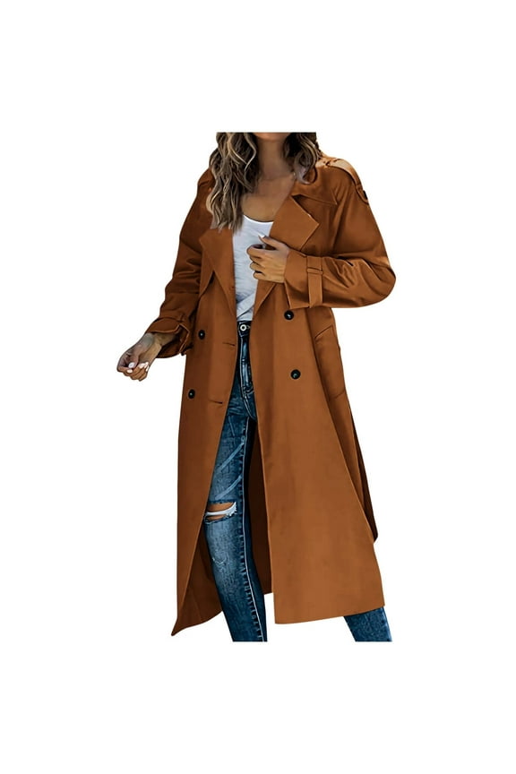 Women's Lapel Long Sleeve Double Breasted Trench Coats with Belt Solid Color Windbreaker Over Coats Outwear Brown XXL