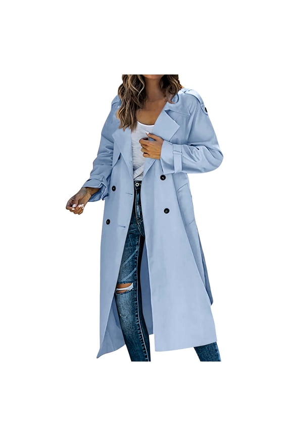 Women's Lapel Long Sleeve Double Breasted Trench Coats with Belt Solid Color Windbreaker Over Coats Outwear Light Blue XL