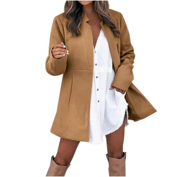 UTSJKR Women's Lapel Neck Long Sleeve Single Breasted Solid Blazer Jackets Outwear Office Workwear Trench Coats Cardigan Tops Khaki M