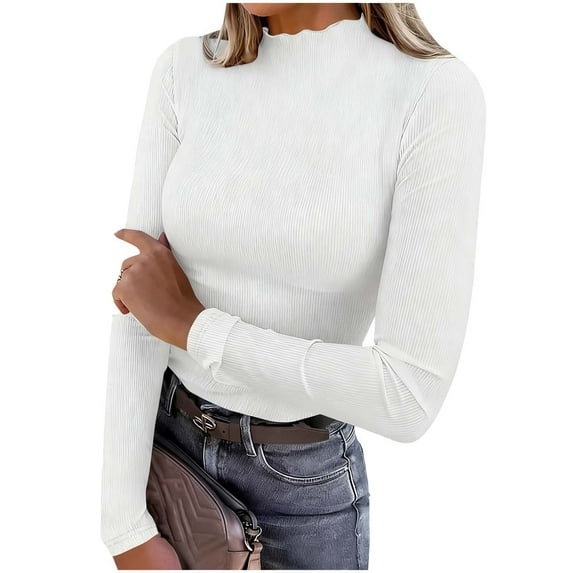 UTSJKR Women's Lettuce Trim Mock Neck Long Sleeve Tops 2026 Casual Dressy Ribbed Knit Slim Fit Tee Shirt Spring Layer Outfits White XXL