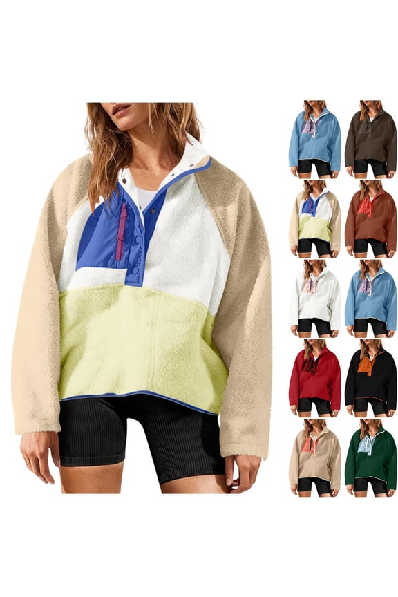 Women’s Lightweight Fleece Pullover Jacket Cropped Fall Winter Fuzzy Sherpa Jacket Sweatshirt Coat with Pockets Red XL