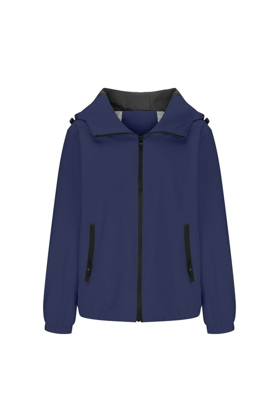 Women's Lightweight Long Sleeve Full Zip Up Drawstring Hooded Windbreaker Jacket with Pockets Blue XXXXL