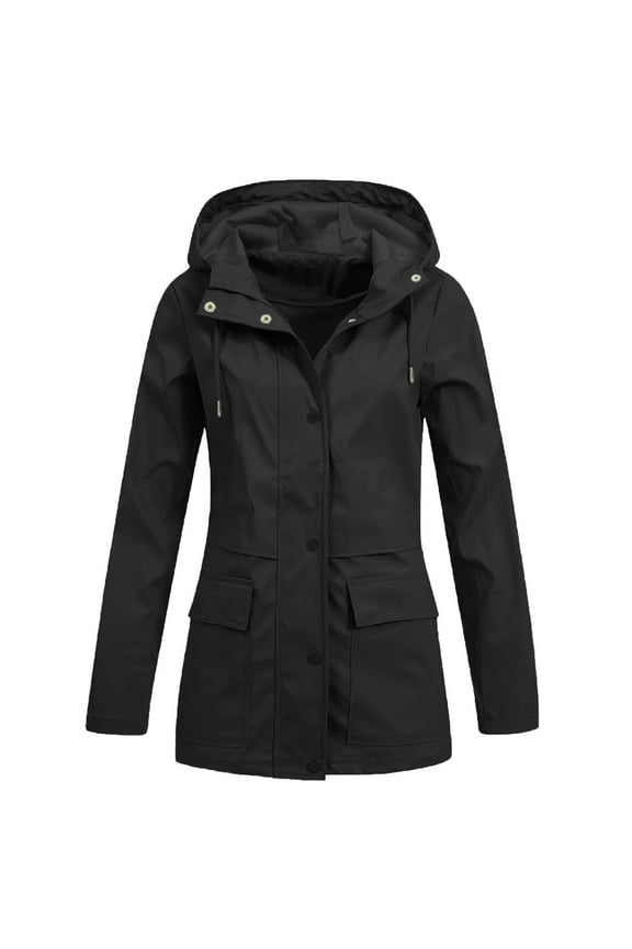 Women's Lightweight Long Sleeve Solid Color Hooded Lapel Buttons Down Mid-Length Windbreaker Trench Coats Jackets with Pockets Black L