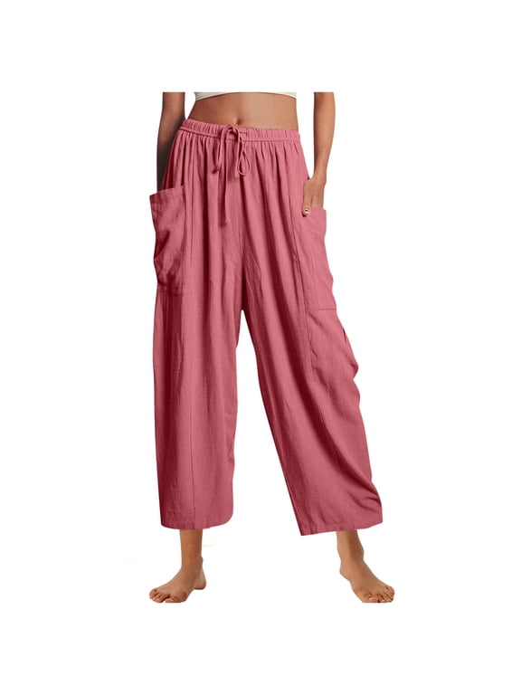Women's Linen Cotton Pants with Pockets Drawstring Elastic Waist Loose Fit Cropped Trousers Solid Harem Pants Pink S