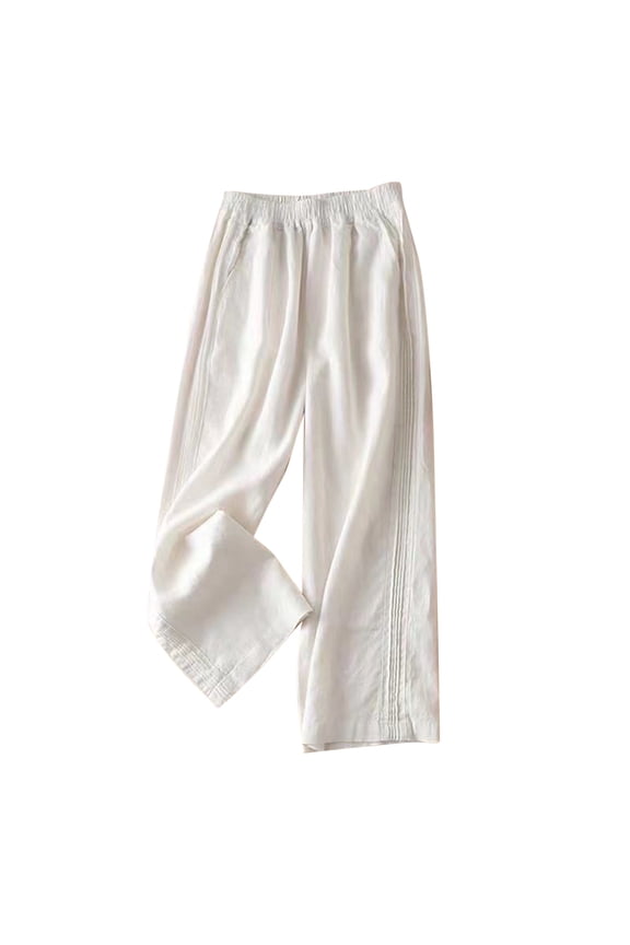 Women's Linen Pants with Elastic Waist Casual Loose Fit Palazzo Long Pants with Pockets Wide Leg Trousers Comfy Beach Pants White XL