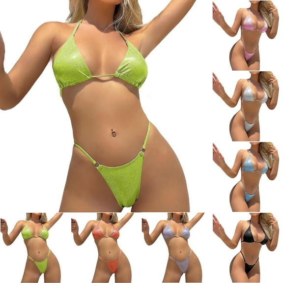 UTSJKR Women's Liquid Metallic Sexy Triangle Bikini Set Shiny Bathing Suit Two Pieces Swimsuit Tie Two Sides Bottom Black L