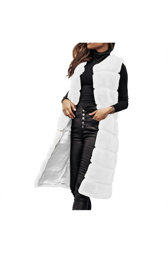 Women's Long Fuzzy Fleece Vests Sleeveless Winter Warm Puffer Vests Outwear Pockets Loose Fit Lightweight Vests White XXL