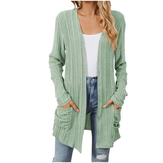 UTSJKR Women's Long Sleeve Cardigan Sweaters Oversized Ribbed Knit Open Front Jackets 2024 Fall Fashion Loose Fit Lightweight Longline Cardigans with Pockets Green XL