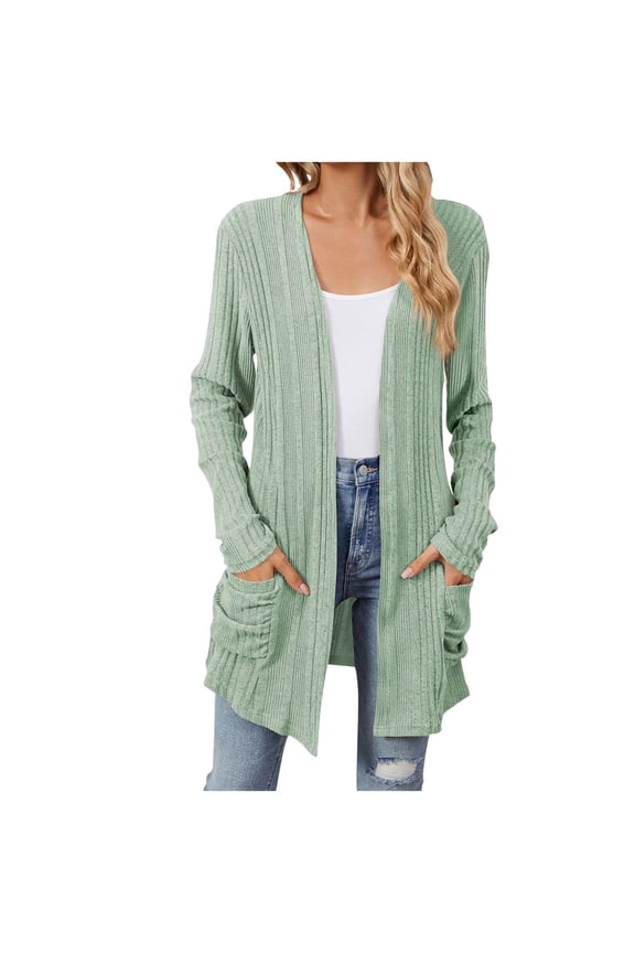 Women's Long Sleeve Cardigan Sweaters Oversized Ribbed Knit Open Front Jackets 2024 Fall Fashion Loose Fit Lightweight Longline Cardigans with Pockets Green L