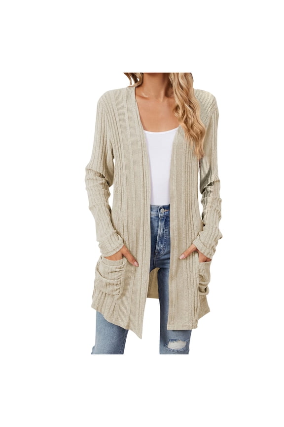 Women's Long Sleeve Cardigan Sweaters Oversized Ribbed Knit Open Front Jackets 2024 Fall Fashion Loose Fit Lightweight Longline Cardigans with Pockets Beige XXL