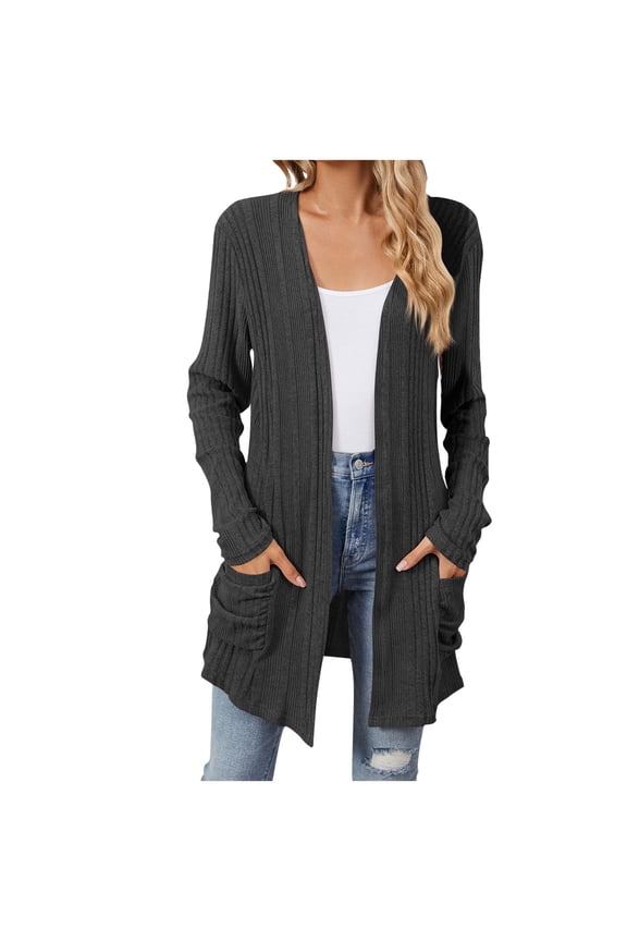 Women's Long Sleeve Cardigan Sweaters Oversized Ribbed Knit Open Front Jackets 2024 Fall Fashion Loose Fit Lightweight Longline Cardigans with Pockets Dark Gray XL