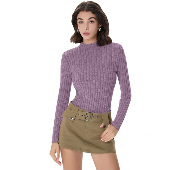 UTSJKR Women's Long Sleeve Mock Turtleneck Tops Ribbed Shirts Fleece Soft Thermal Undershirts Tees Slim Fit Sweater Purple L