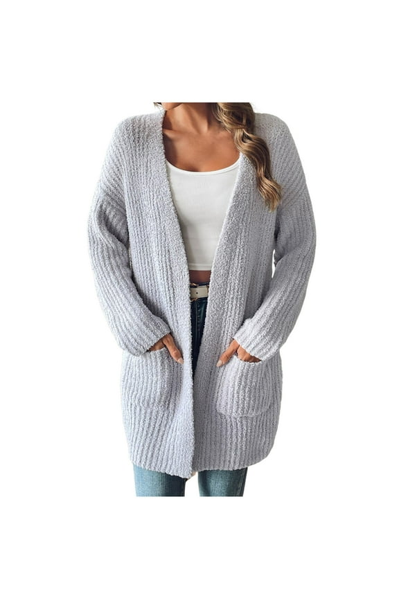 Women's Long Sleeve Open Front Cardigan Sweater Loose Fit Knitted Longline Pullover Chunky Soft Warm Oversized Cardigan with Pockets Gray XL