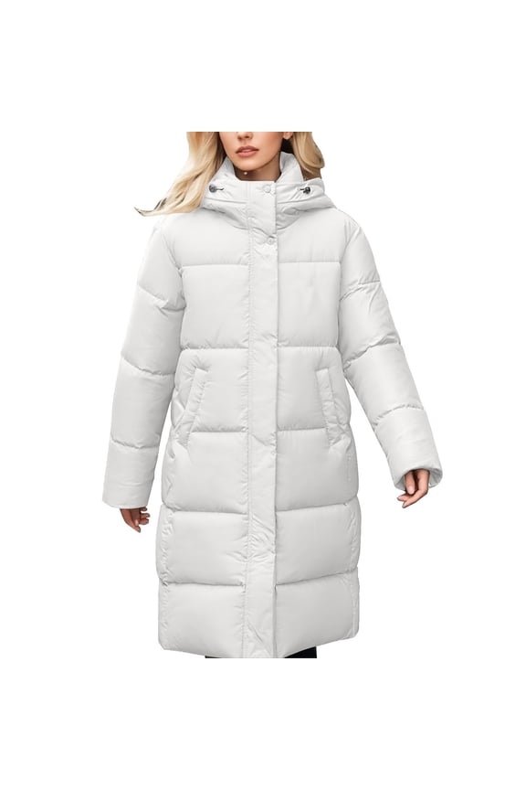 Women's Long Winter Coat Thicken Down Jacket Full Zip Padded Parka Warm Puffer Jackets Hooded Coats with Pockets White L