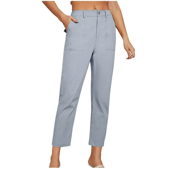 UTSJKR Women's Loose Fit Straight Leg Cropped Pants with Pockets Solid Color High Waist Linen Blend Trousers Office Workwear Pants Light Blue S