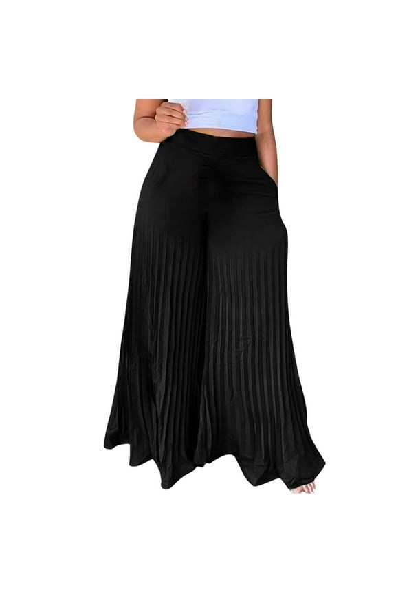 Women's Loose Wide Leg Palazzo Pants with Pockets Flowy Long Pleated Culottes Trousers High Waist Summer Beach Solid Color Bottoms Black 4