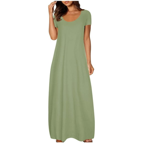 UTSJKR Women's Maxi Dress with Pockets 2024 Fashion Classic Solid Crew Neck Smocked Oversized Loose Fit Pleated Flowy Casual Dress Summer Basic Short Sleeve Sundress Army Green XXL