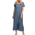 thumbnail image 1 of UTSJKR Women's Maxi Dress with Pockets Deals Short Sleeve Sundress 2024 Fashion Vintage Solid Crew Neck Smocked Casual Loose Flowy Side Split Beach Long Dress Summer Basic Gray M, 1 of 5