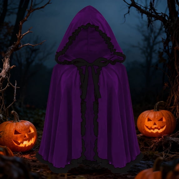 UTSJKR Women’s Mid‑Length Hooded Velvet Cape Cloak with Black Lace Trim and Front Bow Tie for Gothic Witch Halloween Cosplay Themed Party Fancy Dress Garment Purple XL