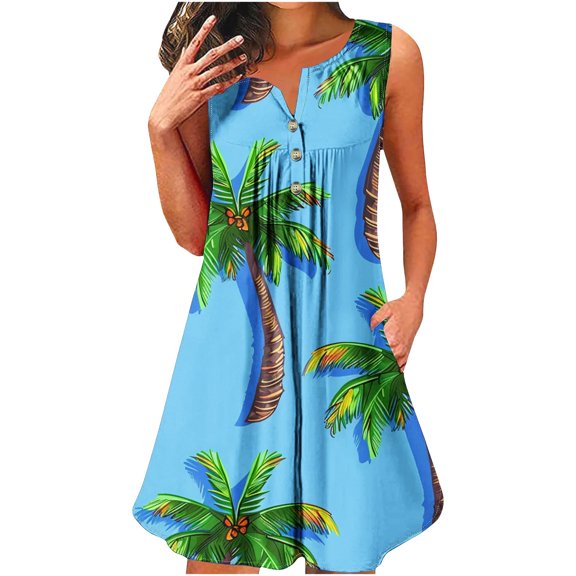 UTSJKR Women's Midi Beach Dresses Floral Print Sundress Button Dowm V Neck Tank Dress Casual Pleated Loose Flowy Swing Smocked Sleeveless Bodice Dresses Fashion Sky Blue S