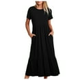thumbnail image 1 of UTSJKR Women's Midi Dress with Pockets 2024 Fashion Elegant Solid Crew Neck Smocked Waist Pleated Ruffled Hem Swing Flowy Dress Summer Basic Short Sleeve Sundress Black M, 1 of 4