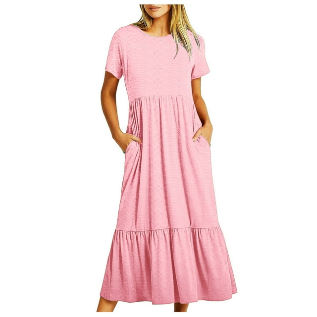 UTSJKR Women's Midi Dress with Pockets Deals 2024 Fashion Elegant Solid Crew Neck Smocked Waist Pleated Ruffled Hem Swing Flowy Dress Summer Basic Short Sleeve Sundress Pink S