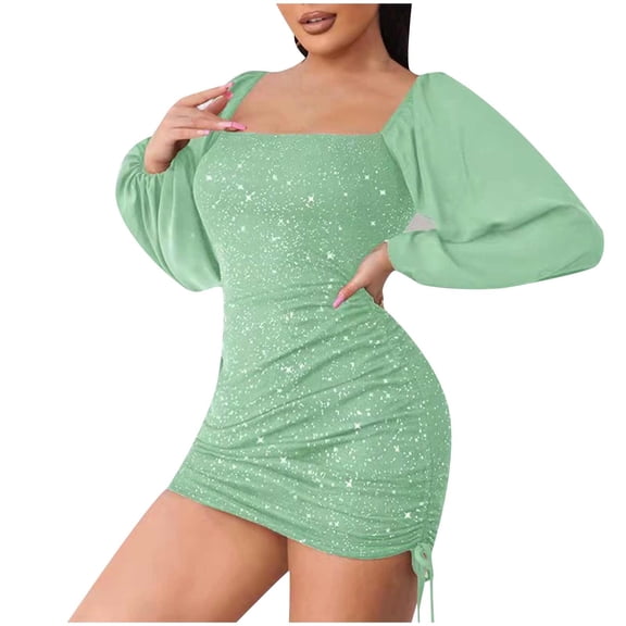 UTSJKR Women's Mini Bodycon Dress Lantern Long Sleeve Sundress 2024 Fashion Sparkly Sequins Solid Square Neck Dress Slim Fit Flowy Drawstring Hip Wrap Evening Party Dress Green M
