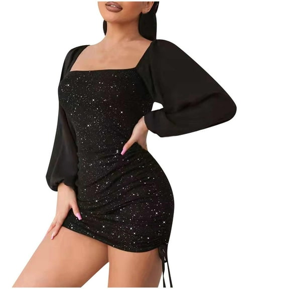UTSJKR Women's Mini Bodycon Dress Lantern Long Sleeve Sundress 2024 Fashion Sparkly Sequins Solid Square Neck Dress Slim Fit Flowy Drawstring Hip Wrap Evening Party Dress Black XXXL