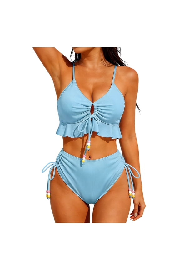 Women's Multi Color Drawstring Ruffle 2 Piece Bikini Set, Side Tie High Waist Bathing Suit for Summer Beach Fashion Sky Blue S