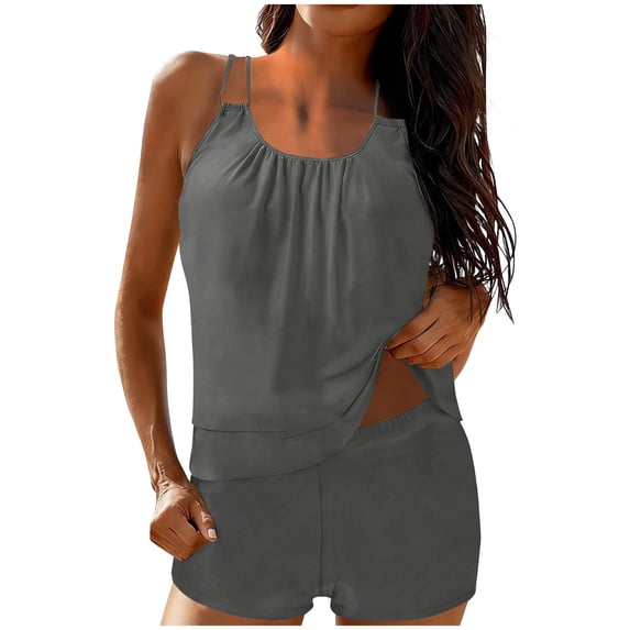 UTSJKR Women's Multi Color Loose Fit Tummy Control 2 in 1 Spaghetti Strap Tankini Set with Boyshorts for Summer Beach Gray S