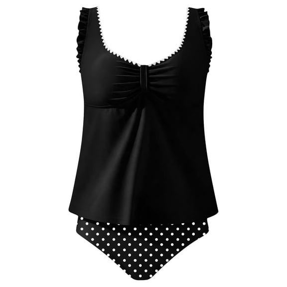 UTSJKR Women's Multi Color Polka Dot Trim Tankini One Piece Swimsuit for Summer Cute and Casual Beach Daily Wear Black XXL