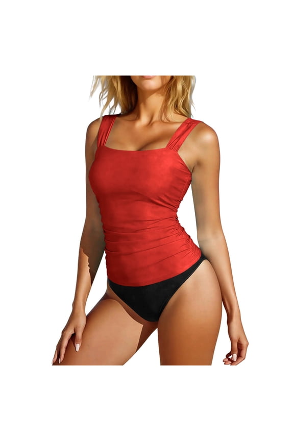Women's Multi Color Square Neck Tummy Control Tankini One Piece Swimsuit for Summer Curvy and Modest Beach Wear Red S