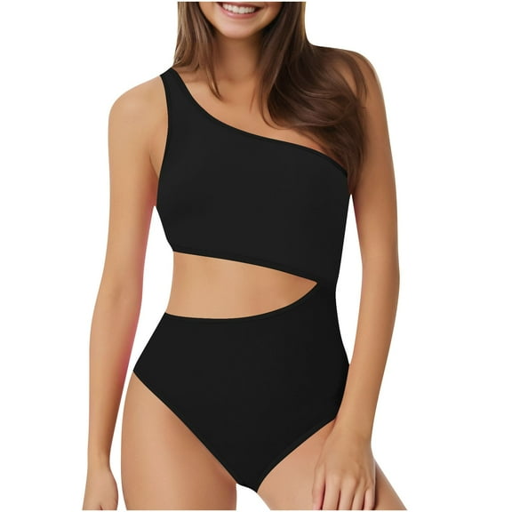 UTSJKR Women's One Piece Bathing Suit Cutout One Shoulder Swimsuit High Cut Monokini Full Coverage Tummy Control Swimwear Black XL